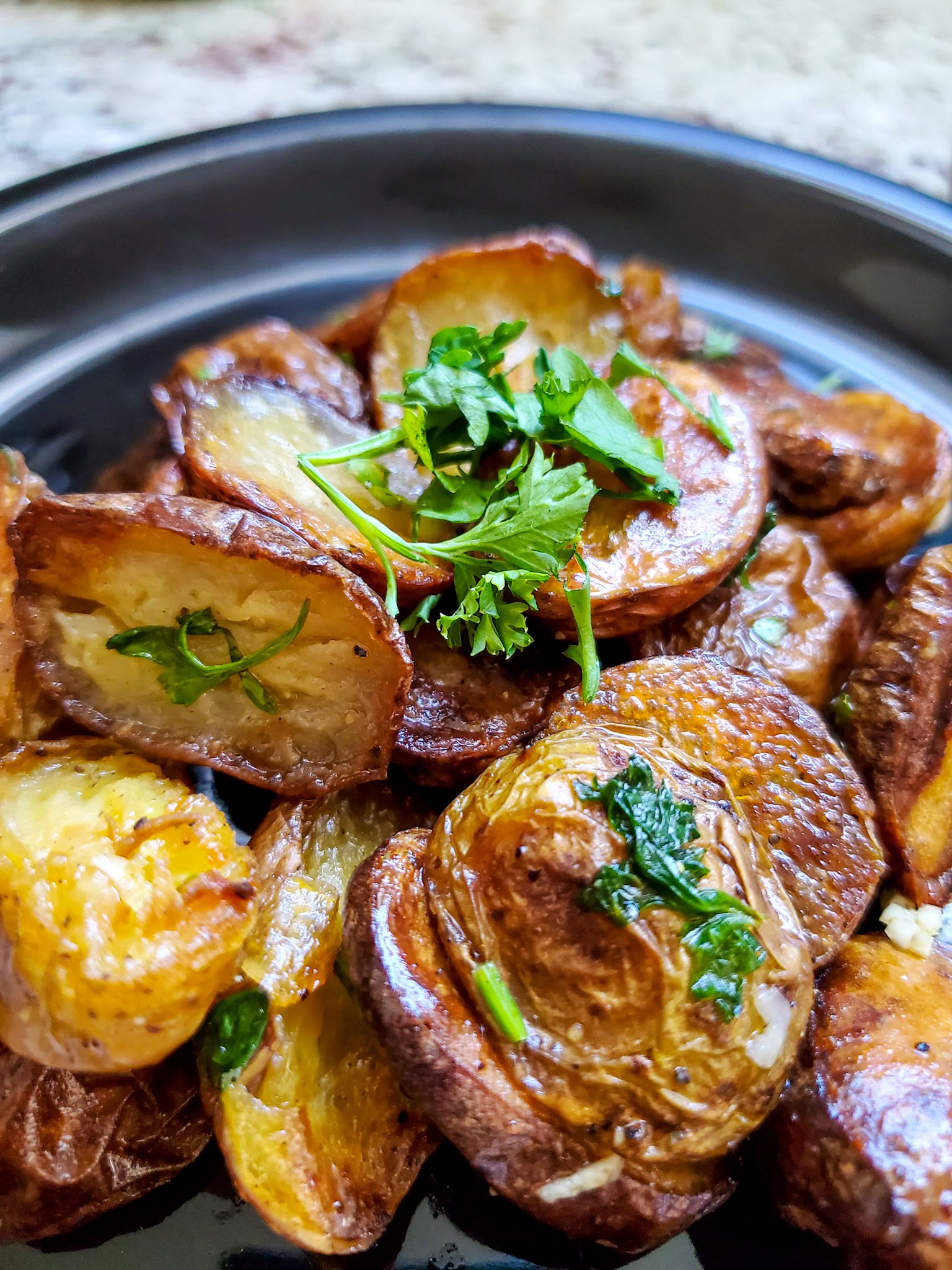 Garlic Lemon Roasted Potatoes - Three Chicks and a Whisk